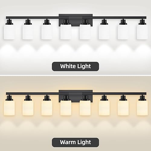 Miniatura 9 de Lámparas de baño de 8 luces sobre el espejo, 52 pulgadas, modernas luces de tocador negras mate con pantalla de vidrio esmerilado blanco, apliques