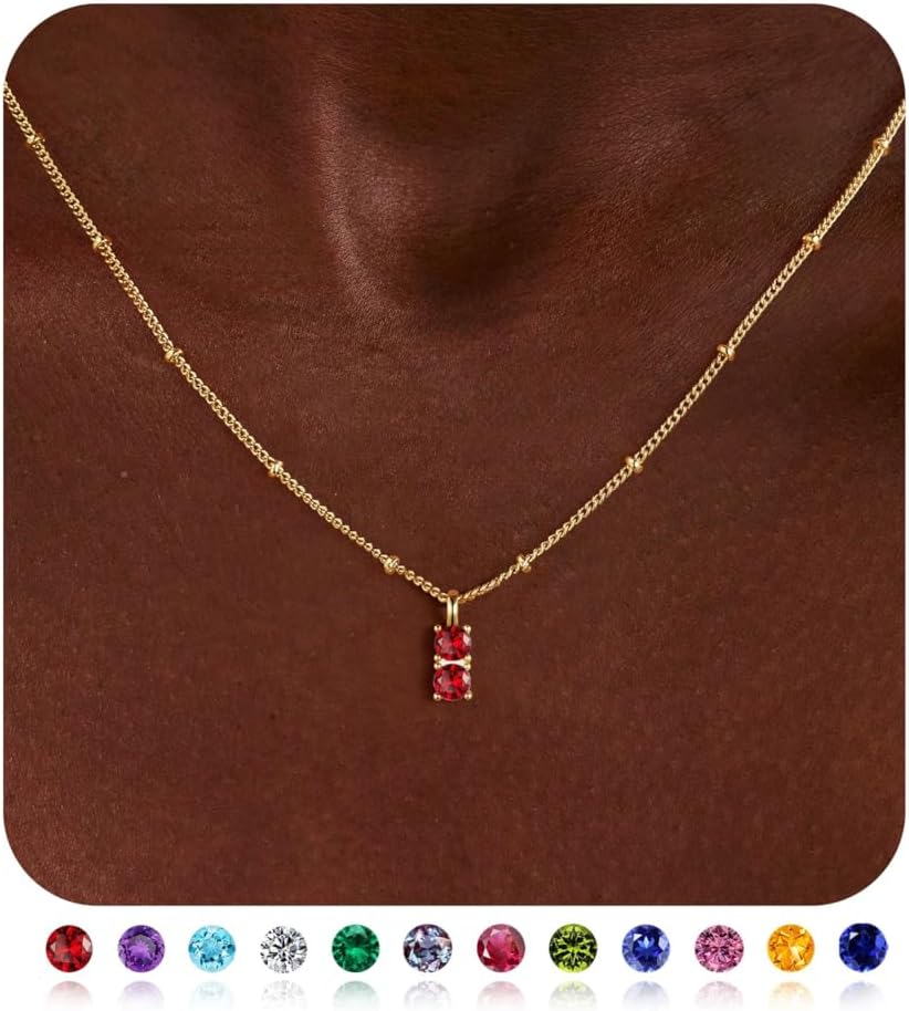 Turandoss Two Birthstone Necklaces for Women Trendy, Dainty 14K Gold Plated Double 12 Months Blue Green Emerald Birthstone Pendant Necklaces Birthday Jewelry Personalized Gifts for Women Girls