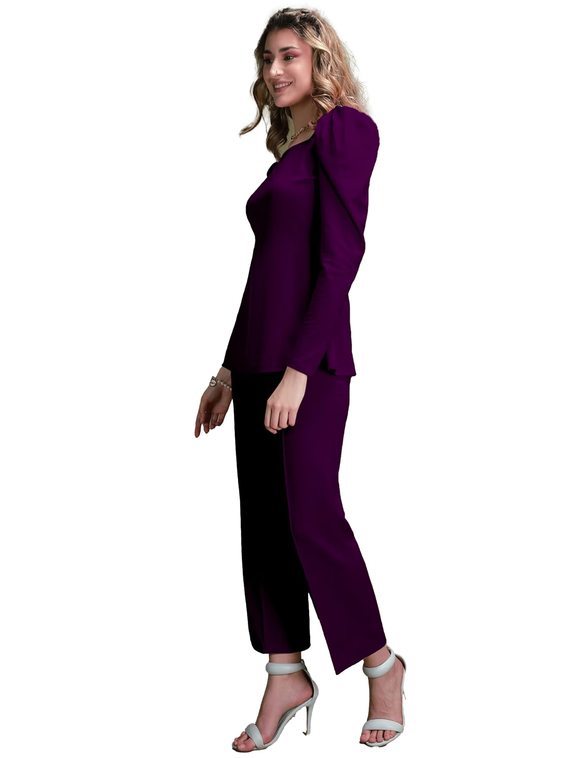 Elliti Solid Relaxed Fit Full Sleeve Co-Ord Set For Women's | Coord Sets | Top And Formal Trouser Co Ord Set For Women (Set Of 2 Piece) (Size L) (Color Purple)