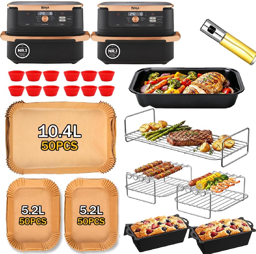 Accesorios para la freidora de aire caliente Ninja Foodi FlexDrawer Dual Zone AF500EU de 10,4 L rejilla de acero inoxidable #304, papel de horno, accesorios para COSORI Dual Blaze TwinFry de 10L