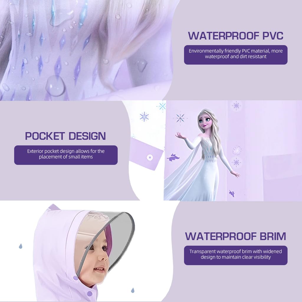 PALAY® Rain Coat for Kids Frozen Poncho Raincoat for Kids 5-7 Years Girls Boys With Pockets Wide Brim Hooded Poncho Safe School Bag Rain Cover Frozen Elsa print Recommend Height (L) 2