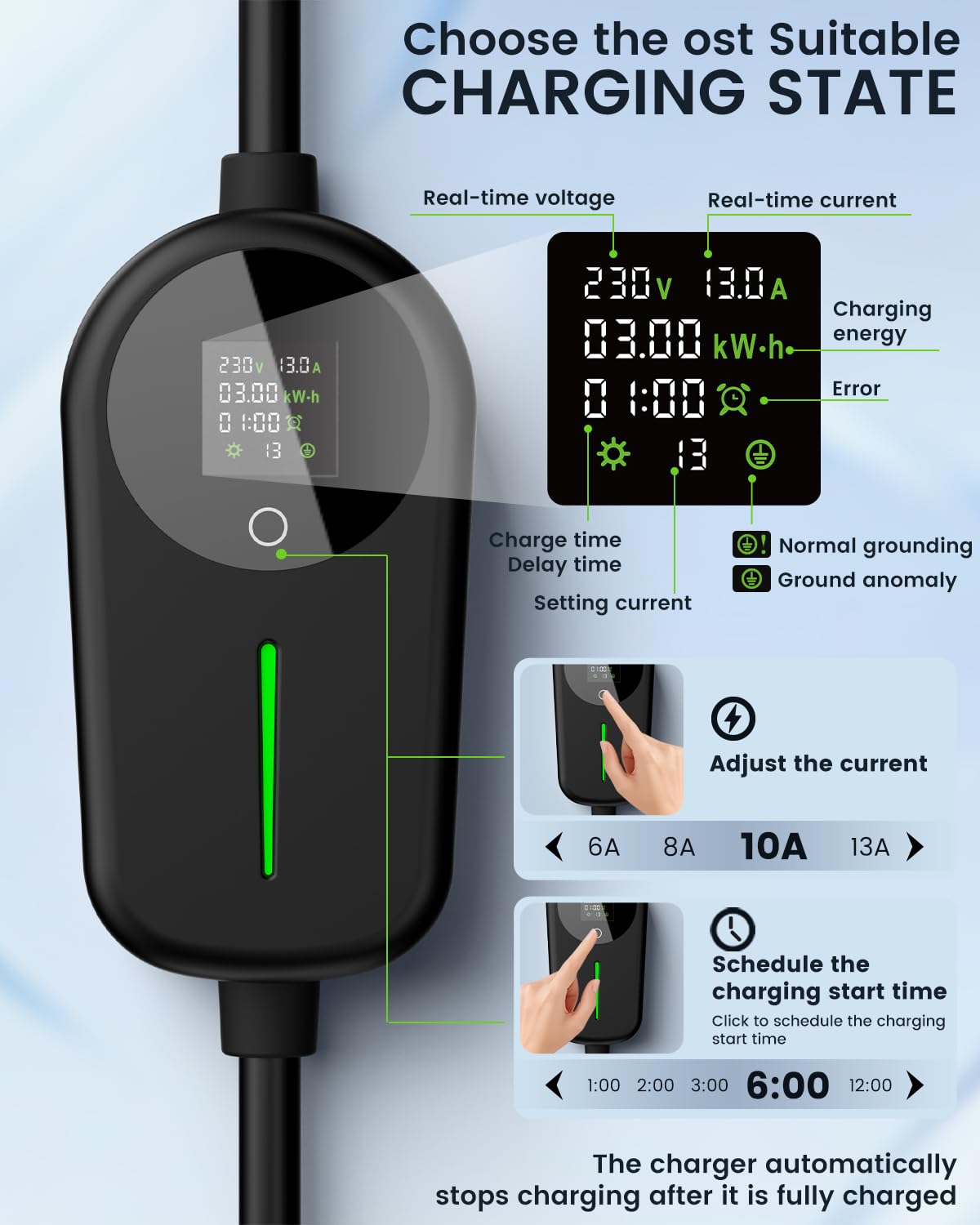 EzGoGo EV Charger 3 Pin Plug 32.81Ft/10M Type 2 Charging Cable 3kW, [6/8/10/13A] Electric Car Charger IP65 Advanced Protection car charging cable Suitable for EVs & PHEVs — view 2