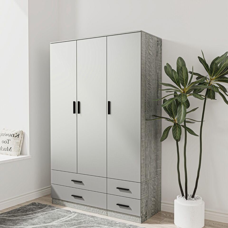 URBNLIVING Modern 3 Door 4 Drawer Wardrobe with Hanging Rail, Bedroom Furniture, Storage Shelf Clothes Organiser Stylish Design, Ample Storage Solution