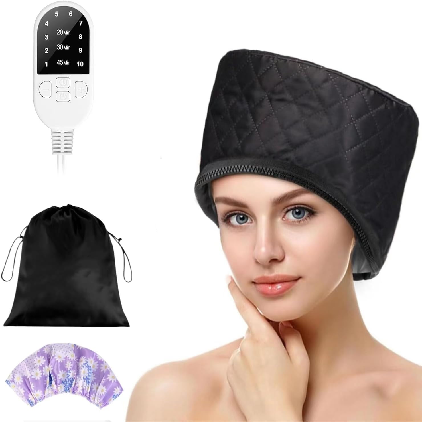 Heat Cap for Deep Conditioning,Hair Steamer for Natural Hair Home Use,Thermal Steam Cap for Black Hair Deep Conditioner with 10 Level Heats Up Quickly 3 Timer Settings,Heating Caps for Hair Treatment