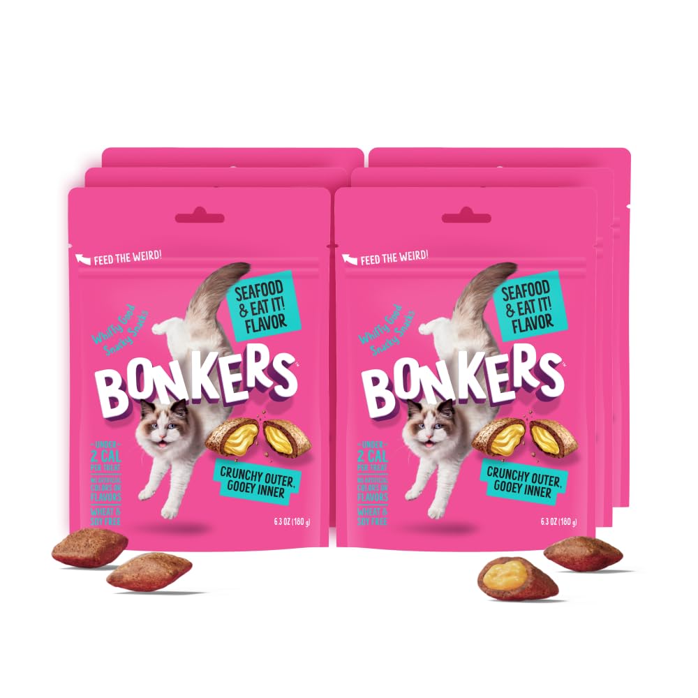 Bonkers Cat Treats Seafood & Eat It! Flavor 6.3 OZ, Cat Treats, Treats for Training, for All Breeds and Ages, Food Topper, Resealable Pouch (6 Pack)