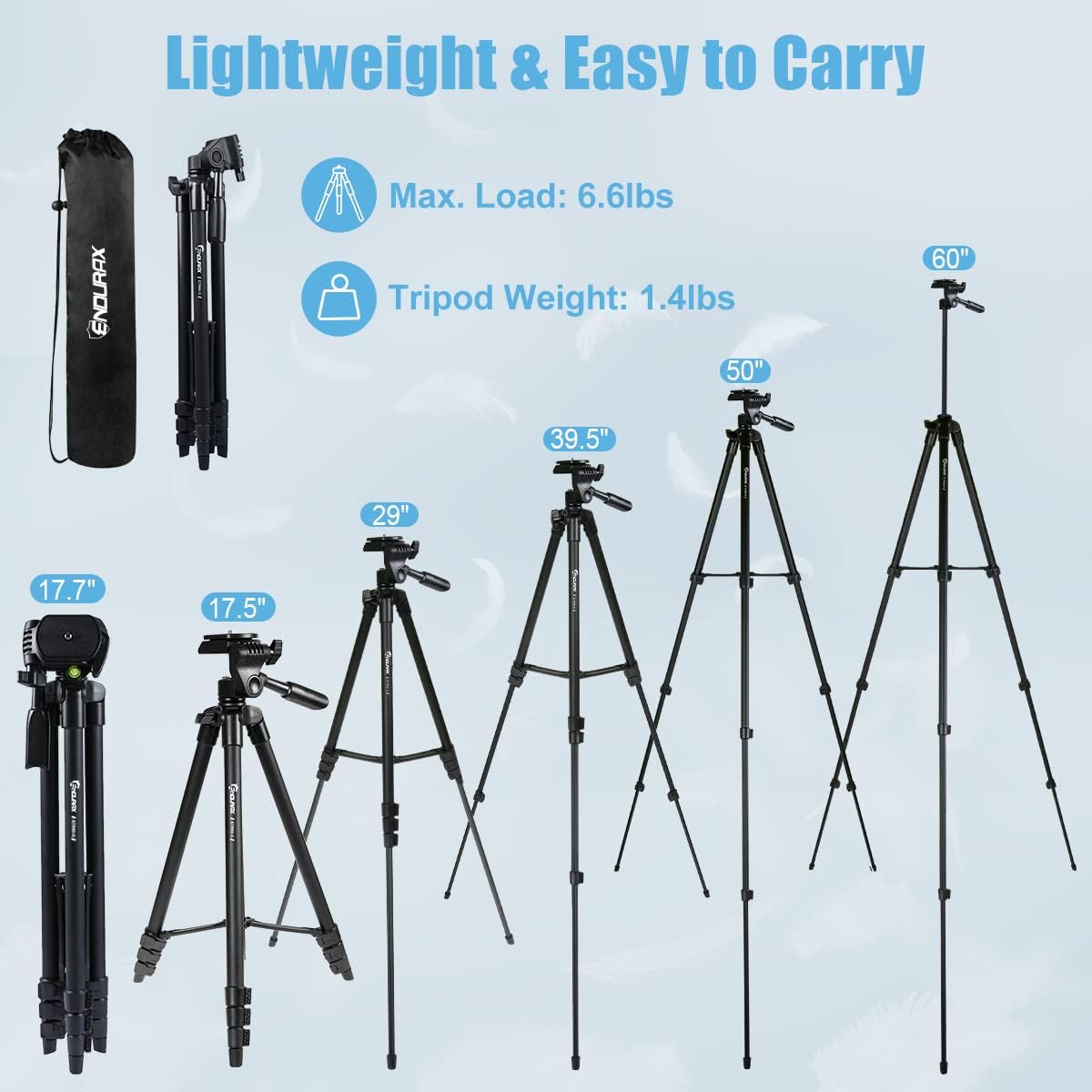 Endurax 60" Camera Tripod Camera Stand for Canon Rebel Eos Nikon DSLR Travel Tripod for Cell Phone Tablet Remote Black