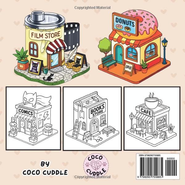 TINY SHOPS: A fun and relaxing coloring book with cute miniature shop scenes — toy stores, cafés, flower stalls, and more! Bold lines, whimsical ... for kids and adult (Tiny Shops Coloring Book) image 3
