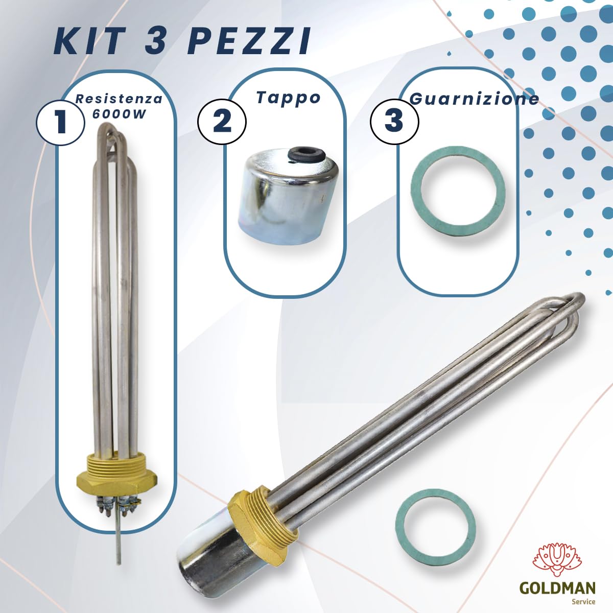 GOLDMAN SERVICE Resistenza all'immersione | Potenza: 6000 W (230/380 V) | Sistema metrico: 1 ½ Pollice + Guarnizione | Serbatoio sostitutivo Termico Elettrico Industriale