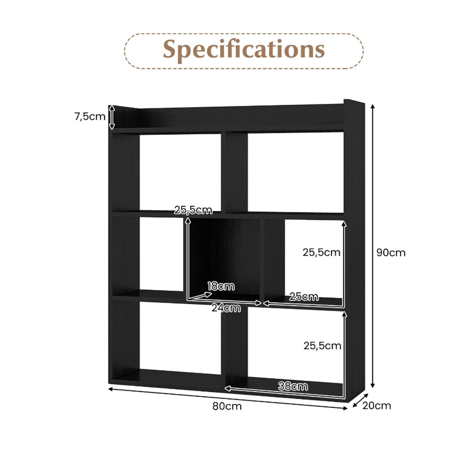 GIANTEX Libreria a libro aperta a 7 cubi, libreria con dispositivi antiribaltamento, mobile cubo per camera da letto, ufficio, soggiorno, 80 x 20 x 90 cm, colore: nero