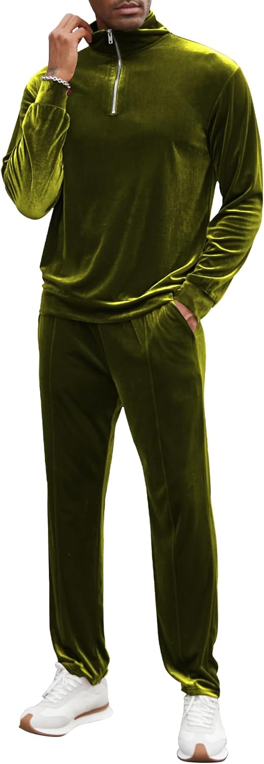 LecGee Men's 2 Piece Long Sleeve Tracksuit Velvet Quarter Zip Shirt Elastic Pant Velour Fall Casual Outfit Sweatsuit Set