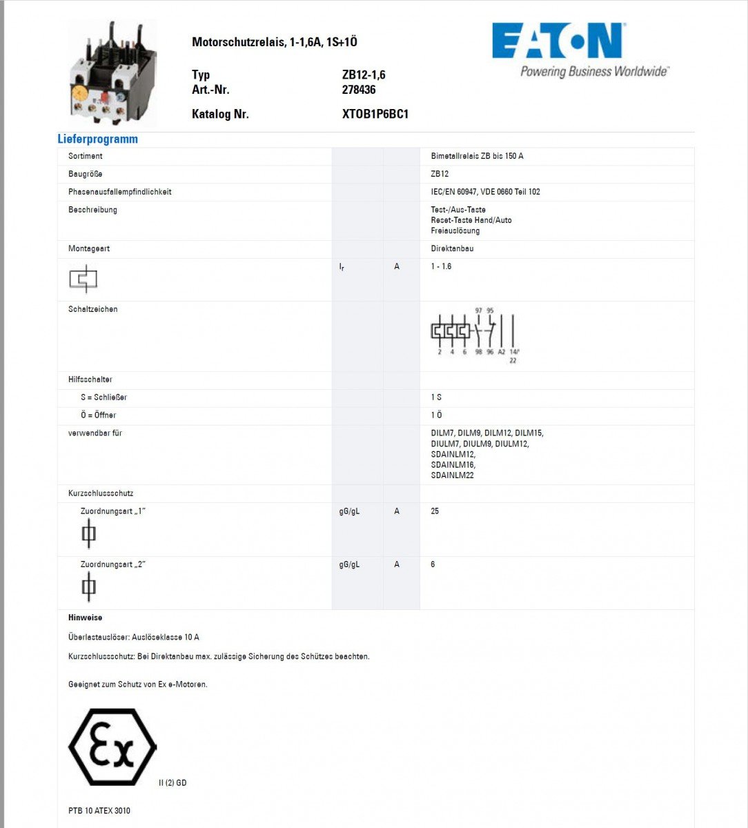 Eaton ZB Überlastrelais, / 1A, 1.6 A 6 W 1 Schließer/1 Öffner, 500V ac / 1.6A, 88 mm x 45mm
