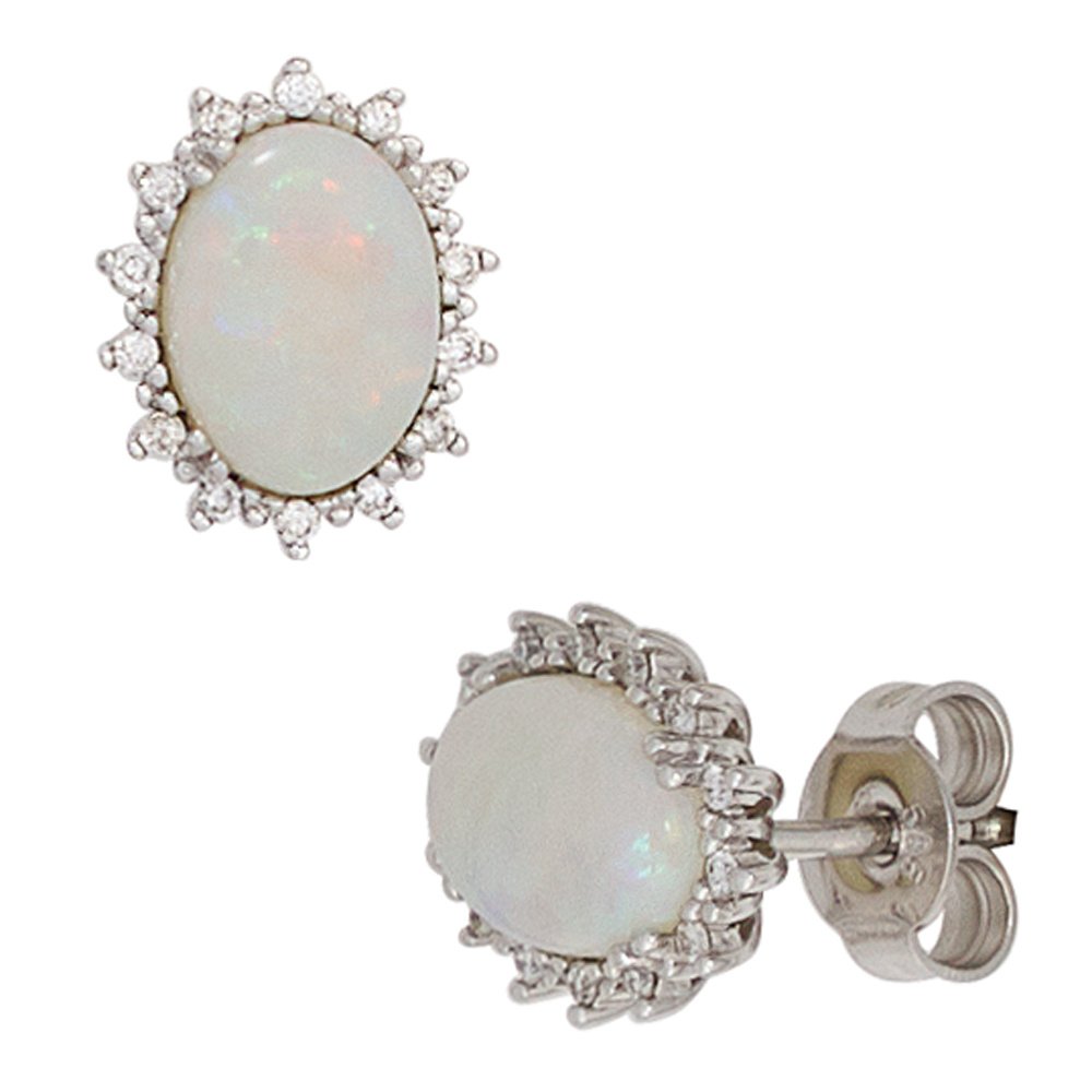 Jobo Damen-Ohrstecker aus 14 Karat 585 Weißgold mit 2 Opal-Cabochon und 28 Diamanten