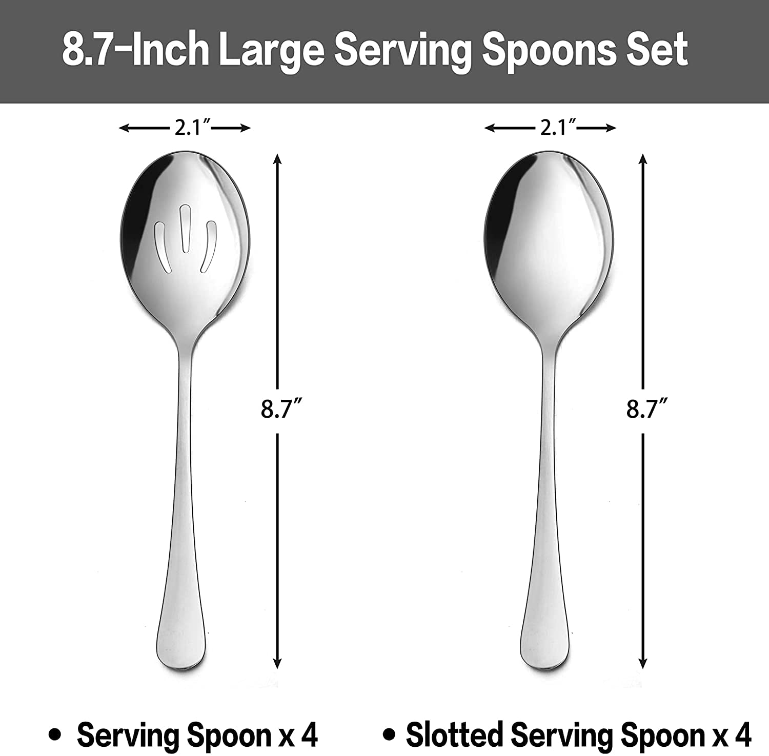 Set da 8 cucchiai da portata grandi, 4 cucchiai da portata grandi, 4 cucchiai da portata scanalati, in acciaio inox per cene a buffet e ristorante, 20,5 cm (argento)