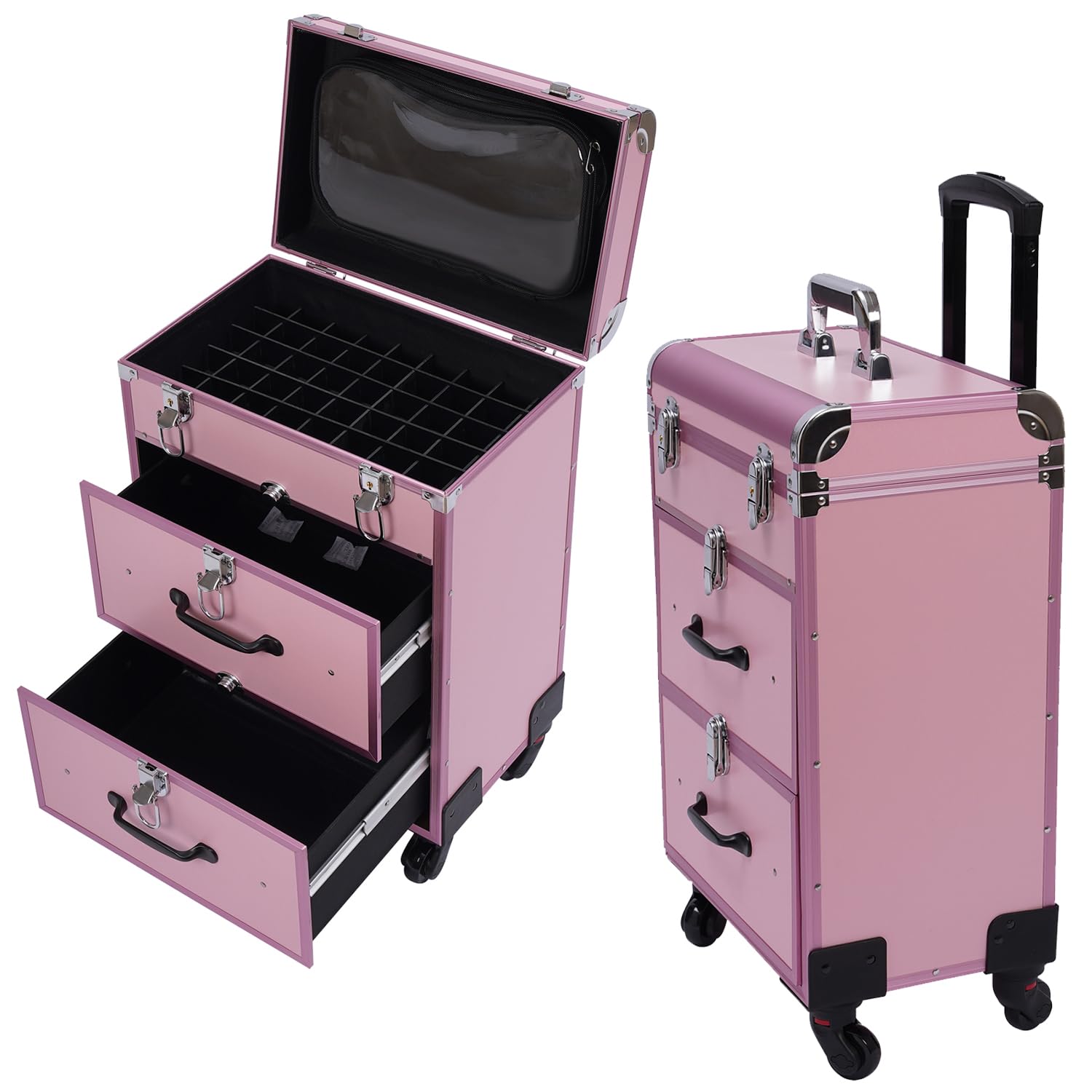 Makeup Train Case, Professional Rolling Makeup Trolley with Adjustable Dividers, Nail Polish Organizer, Jewelry Travel Cosmetic Train Case w/ 4 Wheels & Locks (Pink)