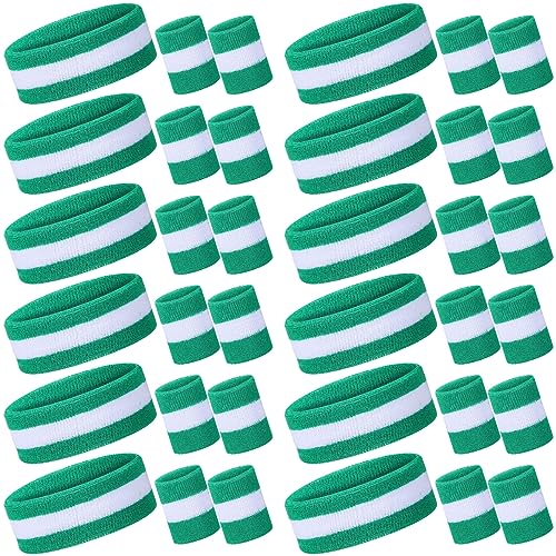 Image of Eurzom 36 Pcs Neon Sports Sweatbands Set Include 12 Striped Sweat Absorbing Headbands 24 Wristbands Athletic for Men Women Basketball Tennis Running Glow Party