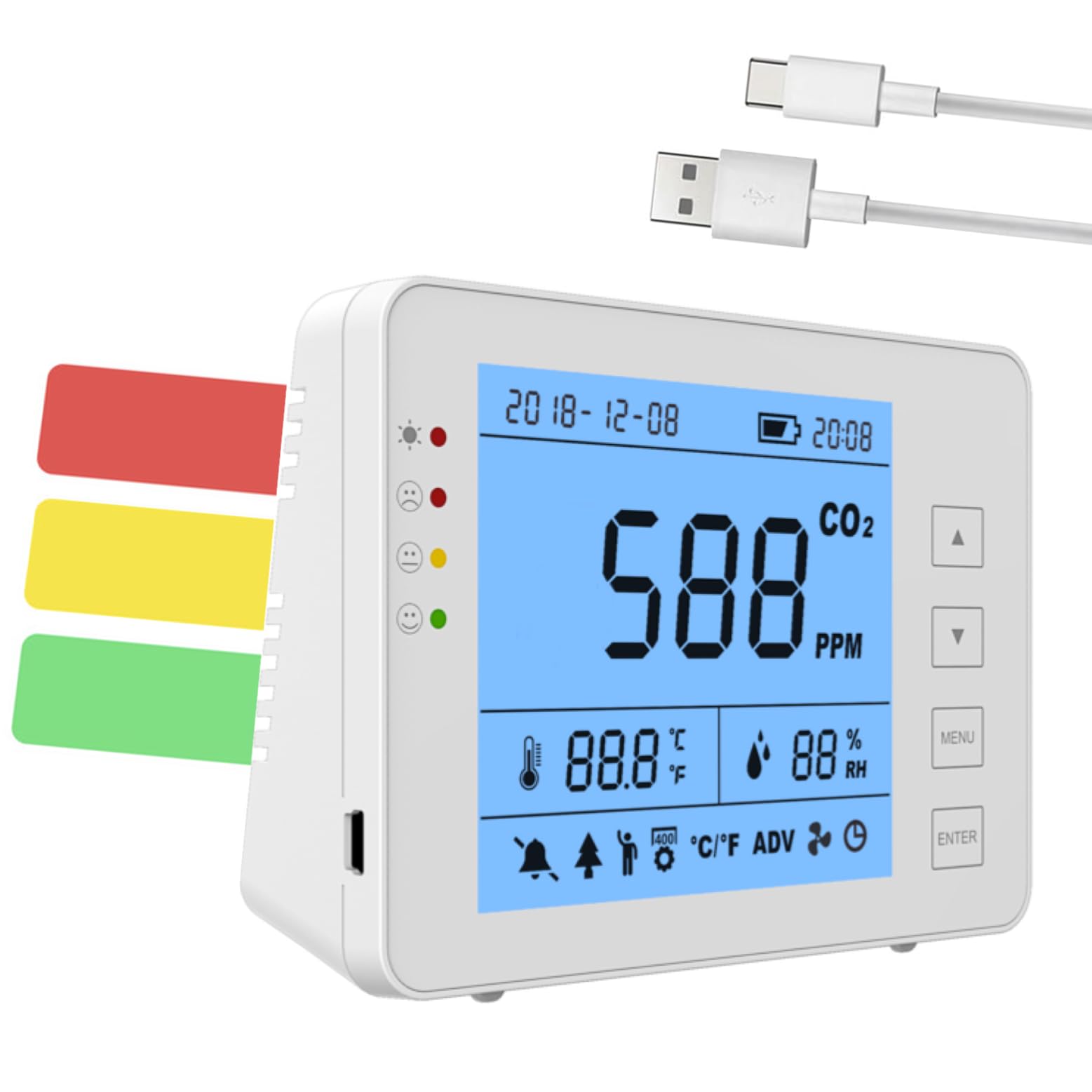 Detector 3 en 1 – Medidor CO2 Temperatura Humedad RH | Batería 10h | SA1300P | Sensor NDIR | Registrador de datos con alarma | para casa y ambientes interiores | Registrador de datos | Dióxido de
