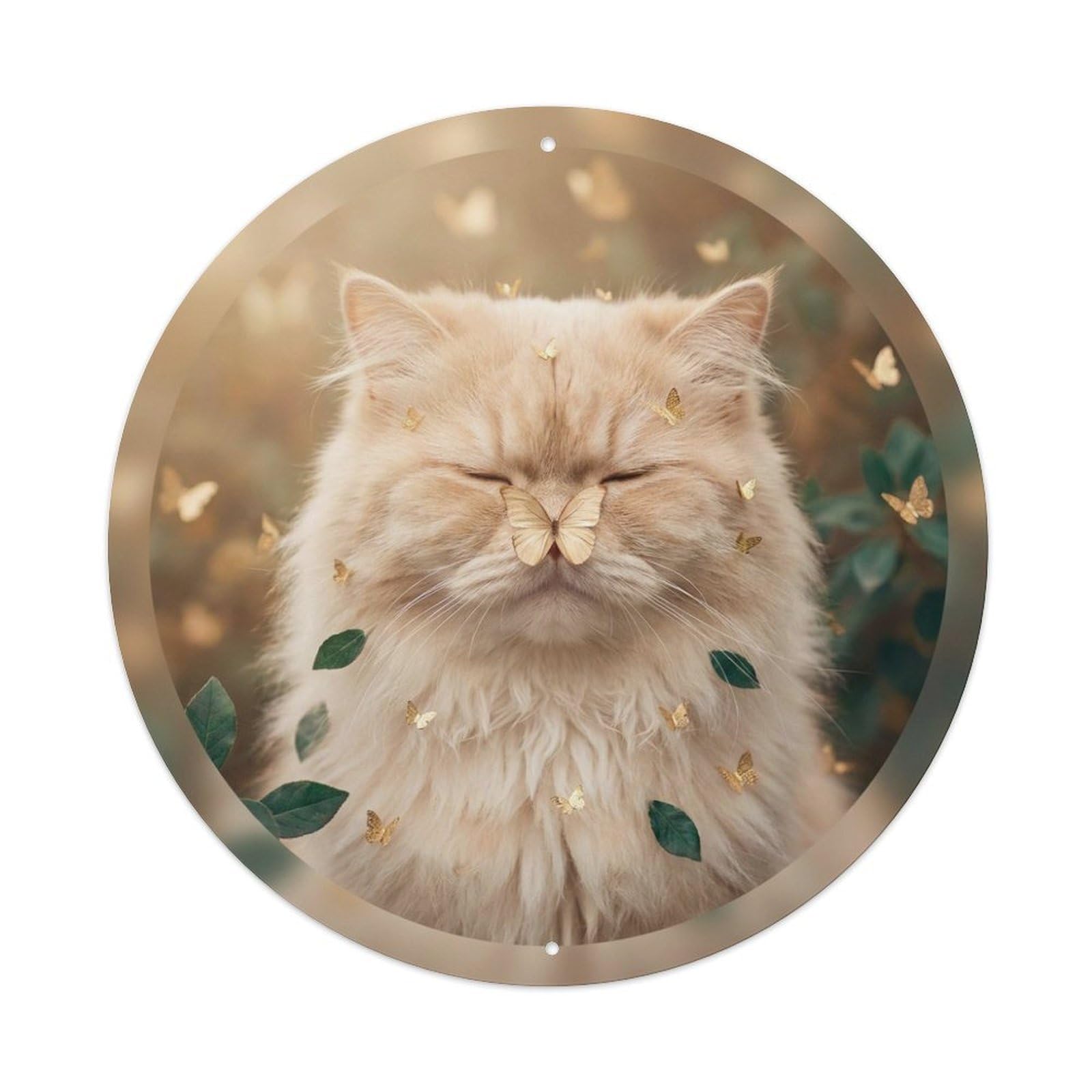 Persian Cat Kawaii Pet Champagne Butterfly Dreamy Forest Metal Tin Sign Plaque Wall Decor for Cafe, Man Cave, Club Bar, Office, Home Garden Round Metal Poster 8x8Inch