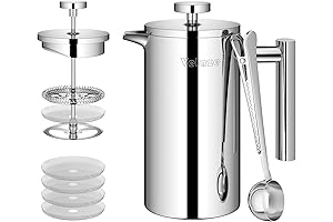 Velaze: Insulated Double-Walled 1L Stainless Steel French Press with 4 Filters, Spoon