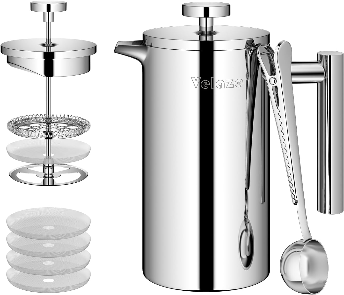 1L / 35oz 8 Cups French Cafetiere Coffee Pot, French Press with Stainless steel,Double Wall Tea Maker, with 1 Coffee Spoon and 5pcs Additional Replacement Filter Screen
