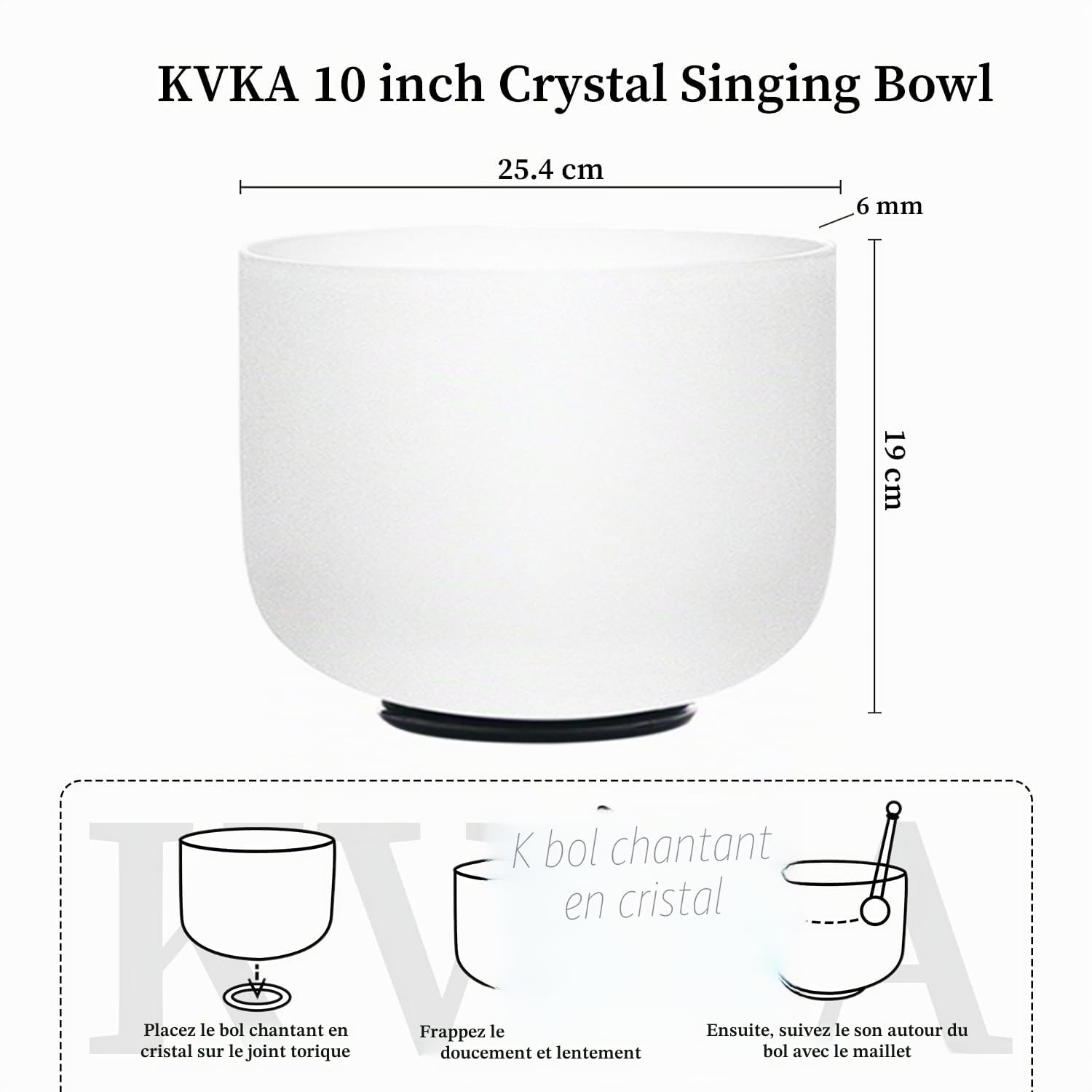 KVKA Bol Chantant en Cristal 10 Pouces (25,4 cm) - 432Hz C Note Quartz Naturel Harmonise les Chakras - pour Méditation, Yoga, Thérapie Sonore - Inclut Maillet, Sac de Transport et O-Ring