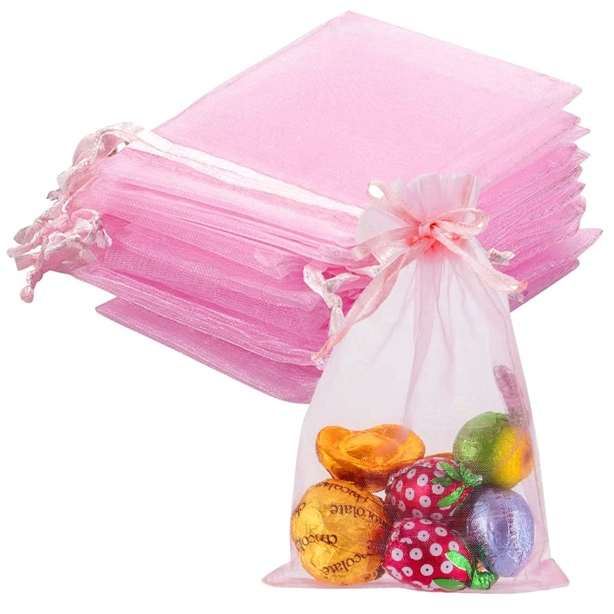 100Pcs 2.8'x3.6'(7x9cm) Pink Organza Bags, Wedding Favor Bags with Drawstring, Jewelry Gift Bags Organza Favor Bags for Party, Festival, Christmas Festival Candy Bags