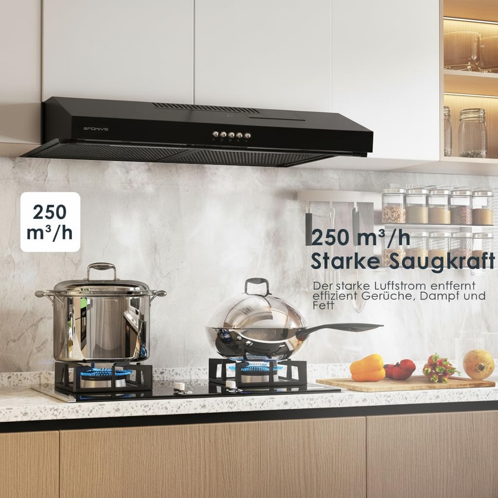 Dunstabzugshaube 60cm Unterbau Umlufthaube 220 m³/h Kohlefilter 3 Leistungsstufen Schwarz
