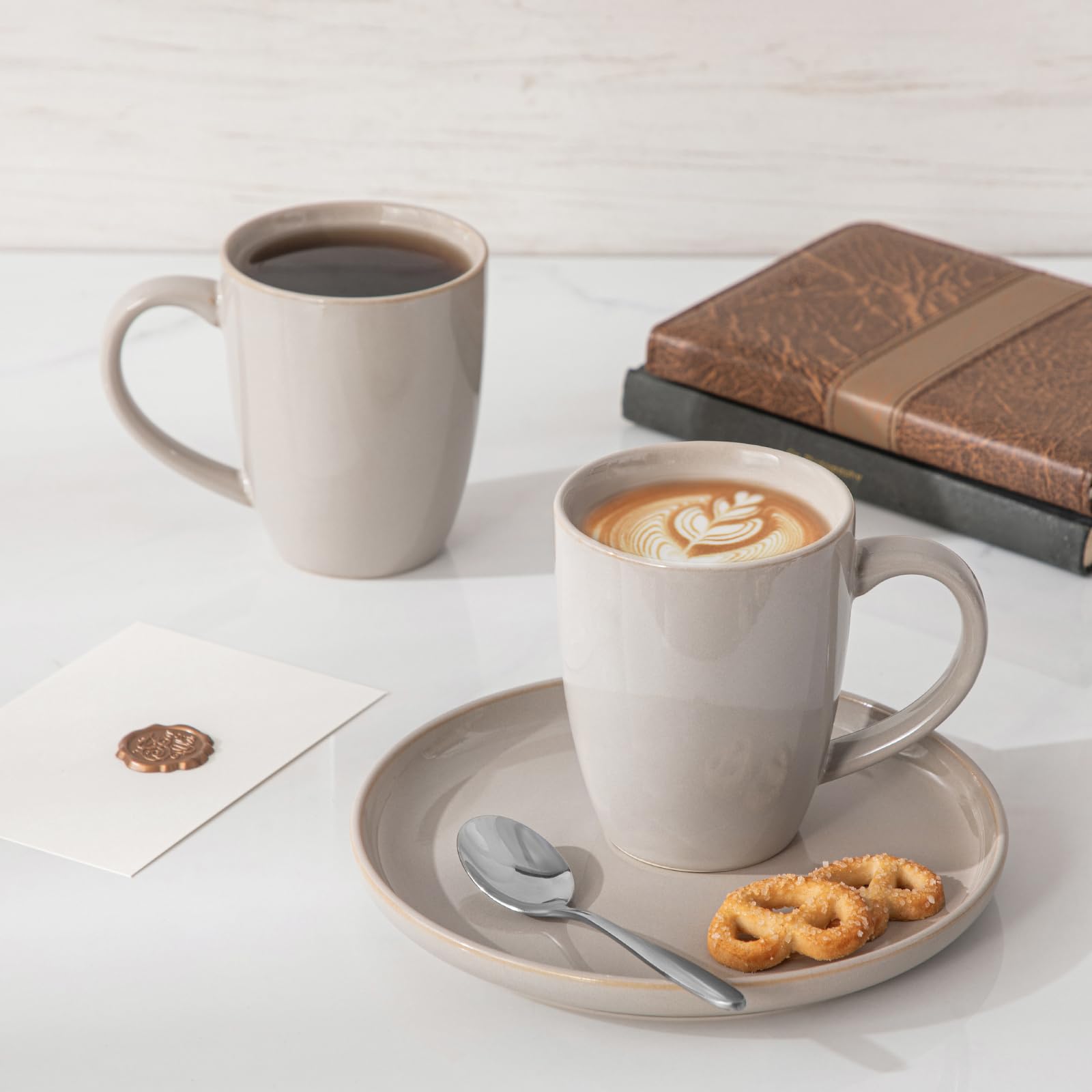 vancasso PLAYA - Juego de 6 tazas de café de cerámica de 16 onzas con asa para café con leche, té, capuchino, leche, cacao, microondas y lavavajillas, color blanco