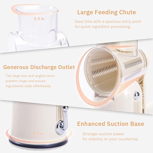 Miniatura 3 de Rallador de queso giratorio manual con asa, triturador de queso de cuchillas inoxidables reemplazables 5 en 1, base de succión fuerte, cortador de