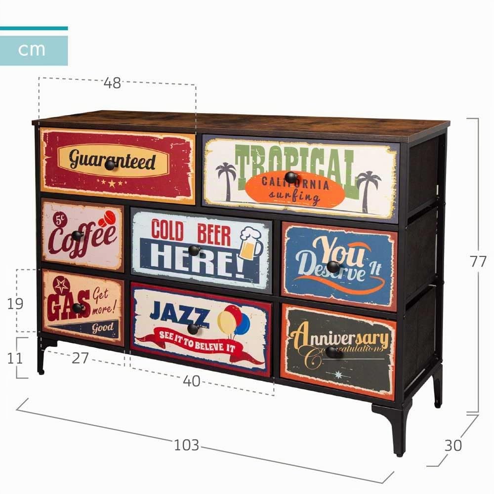 AKTIVE Max Home Comò multiuso per la camera da letto, grafica retrò e vintage, 11 cassetti in tessuto leggero, 103x30x98 cm, Struttura in acciaio, Piano in legno