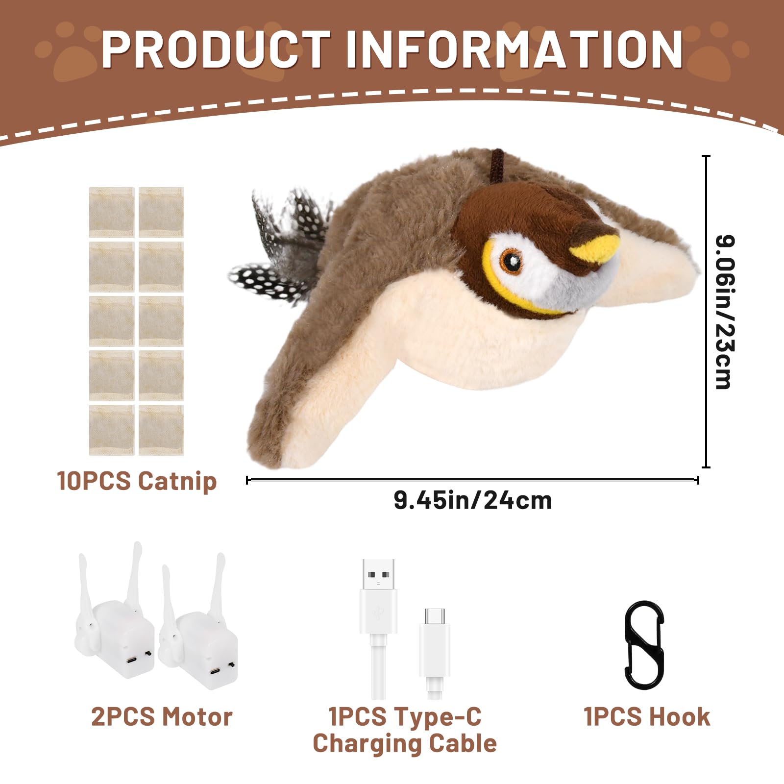 Cat Toys Flapping Bird, 3-Speed Flappy Bird Cat Toy with 10pcs Catnip and 2pcs Motors - Image 2