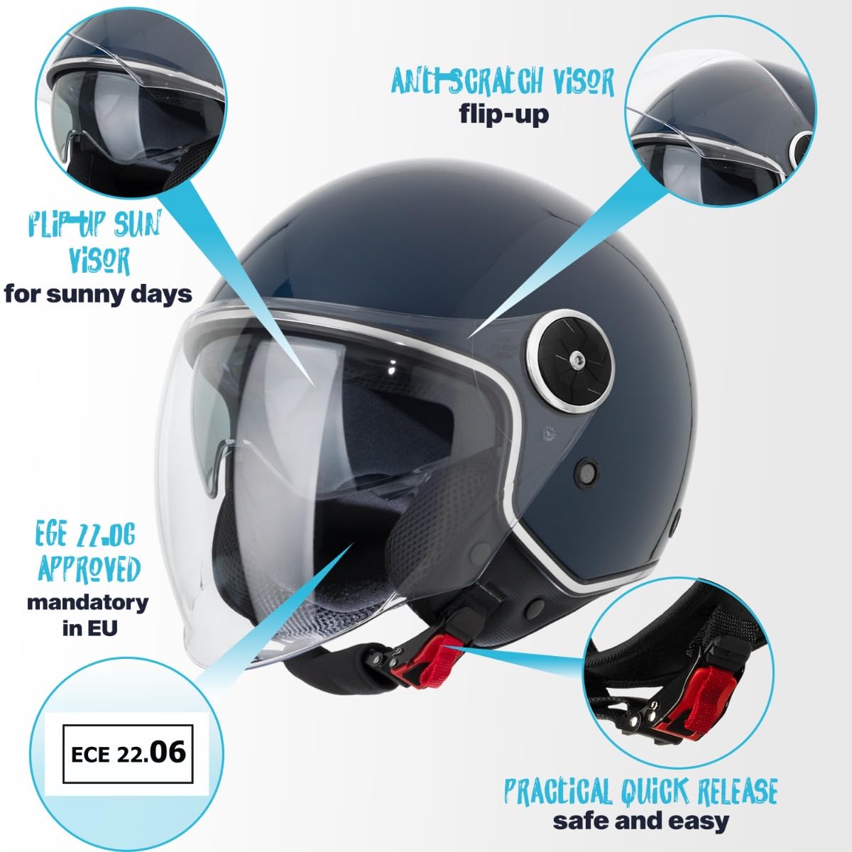 VINZ Tobia Casco Jet con Doble Visera | Casco Scooter & Moto & Ciclomotor | con Visera Solar | ECE 22.06 Homologado | En Tamaño XS - XXL | para Hombre y Mujer