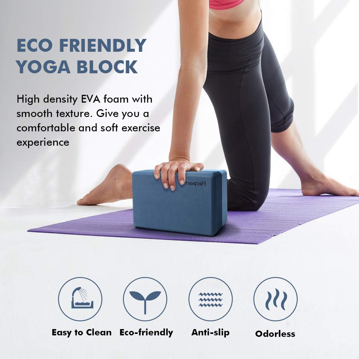 FBSPORT Yoga Block 2 Pack with Yoga Strap, High Density EVA Foam Block, Non-Slip Surface for Yoga, General Fitness, Pilates, Stretching-9" x 6" x 4"
