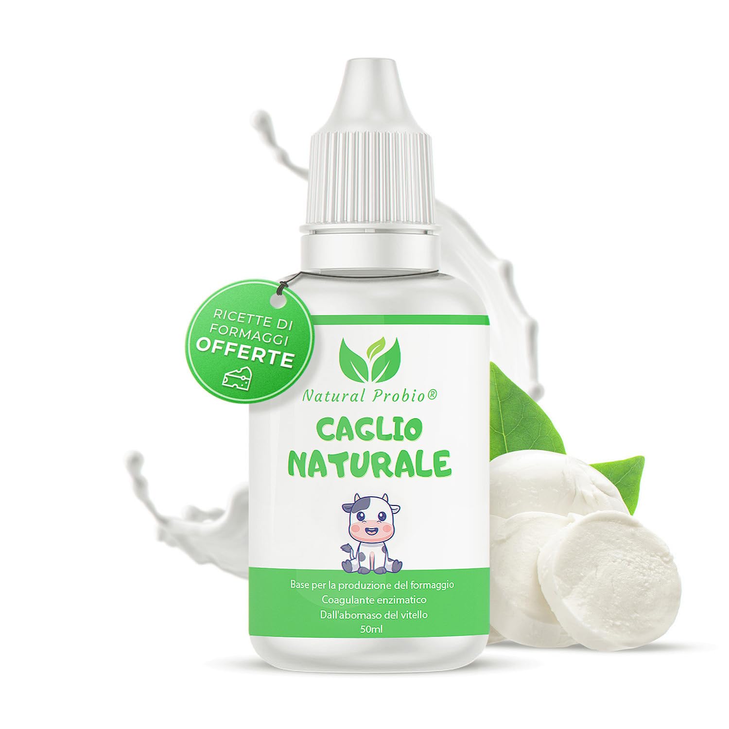 Natural Probio® Caglio Liquido di Vitello 50ml per Formaggio Artigianale | Dosaggio Preciso, Alta Concentrazione 1:10000 U, Alta Resa 250-500L | Fascelle e Formaggi | Prodotto in Italia