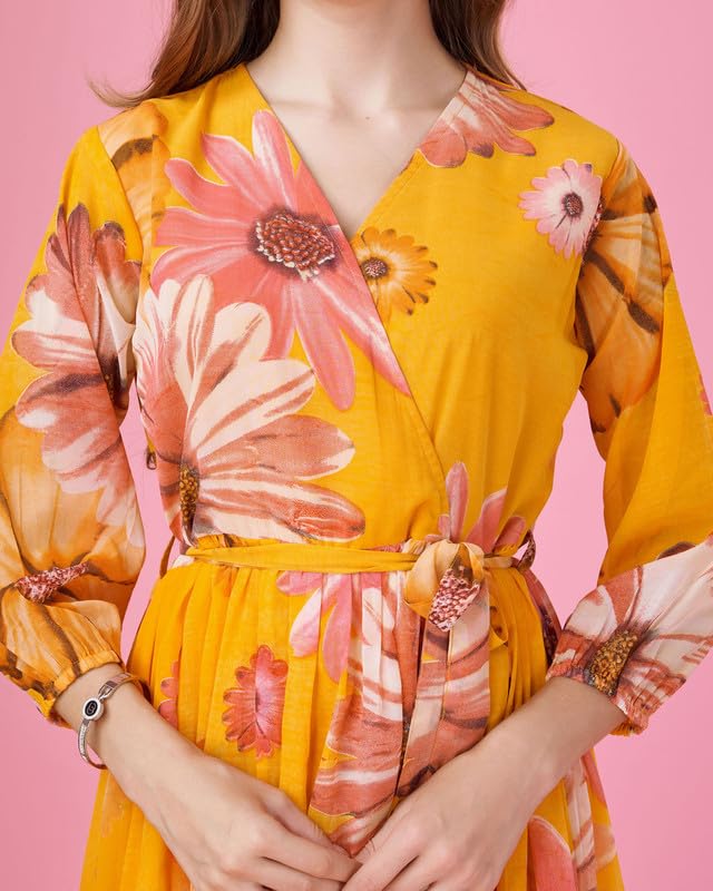 Image of MOJILAA Women's Georgette Floral Printed Gathered Dress