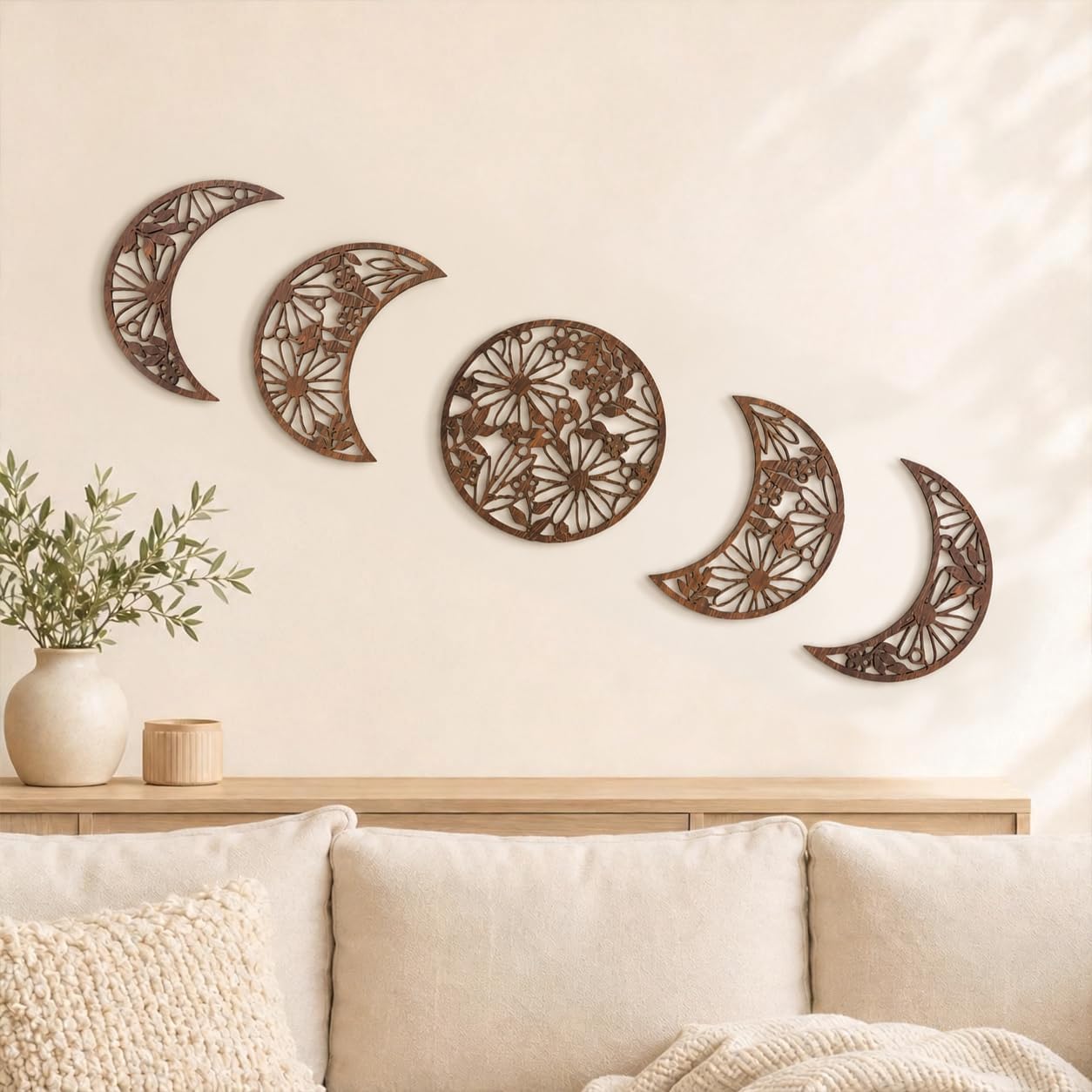 opulinea 5 Pcs Moon Phase Wall Art, 3D Hollow Carved Wooden Botanical Wall Pediments for Bedroom Living Room Apartment, Boho Celestial Above Bed Decor, Brown image 3