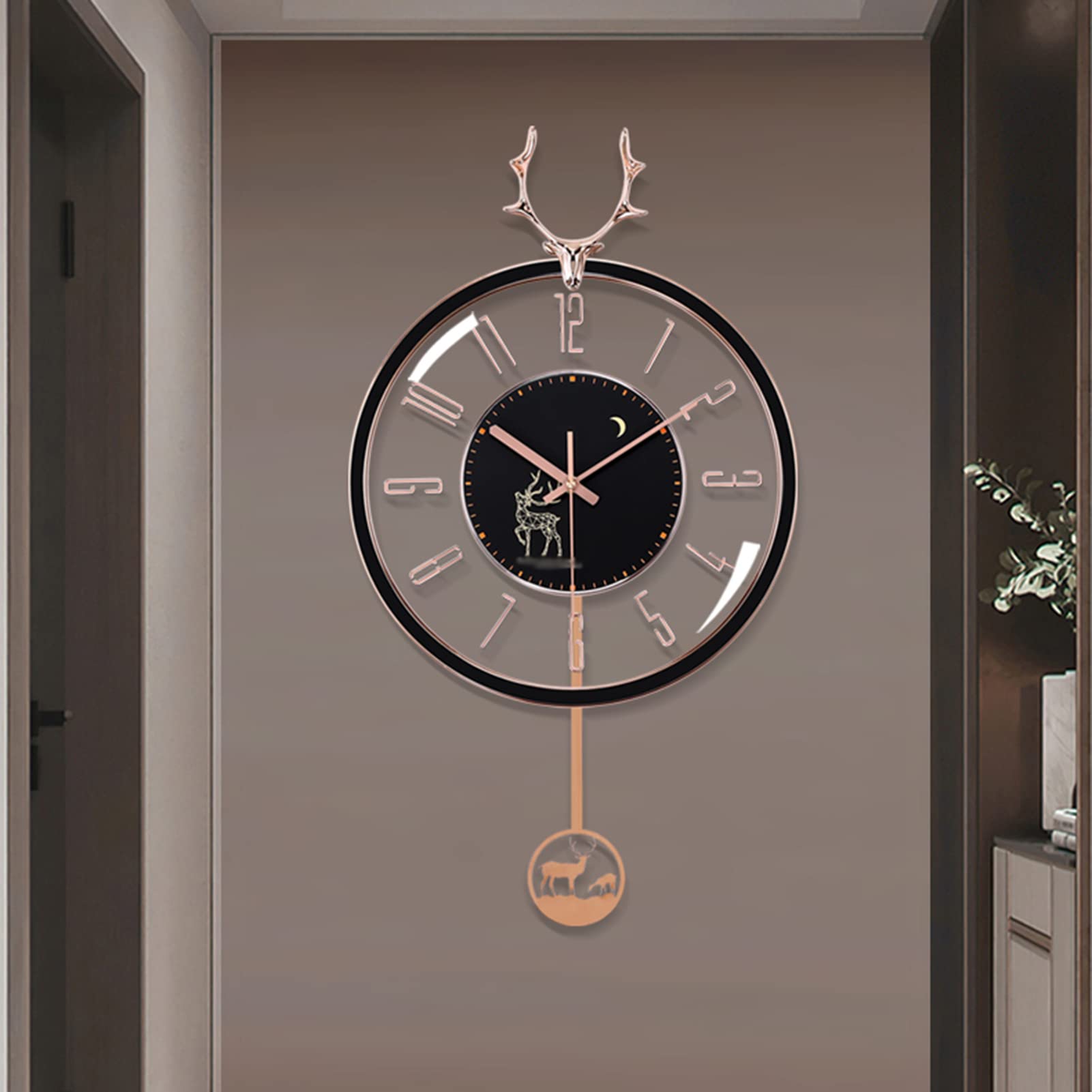 MYUYEE Modern Deer Art Silent Non-Ticking Pendulum Wall Clock, for Living Room, ation Bedroom Office,A,B (C)