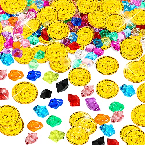150 Stück Goldmünzen Edelsteine Kinder,Piratenschatz,Piratenschatz Kindergeburtstag,Piratenmünze Kinder,Goldmünzen Piratenschatz,Goldtaler Schatzsuche(50 Goldmünzen + 100 Diamanten) Cover