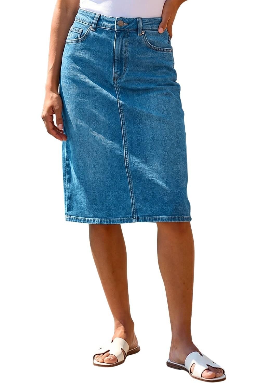 Roman Women's Cotton Denim Stretch A line Skirt in Mid Blue | Size: 14