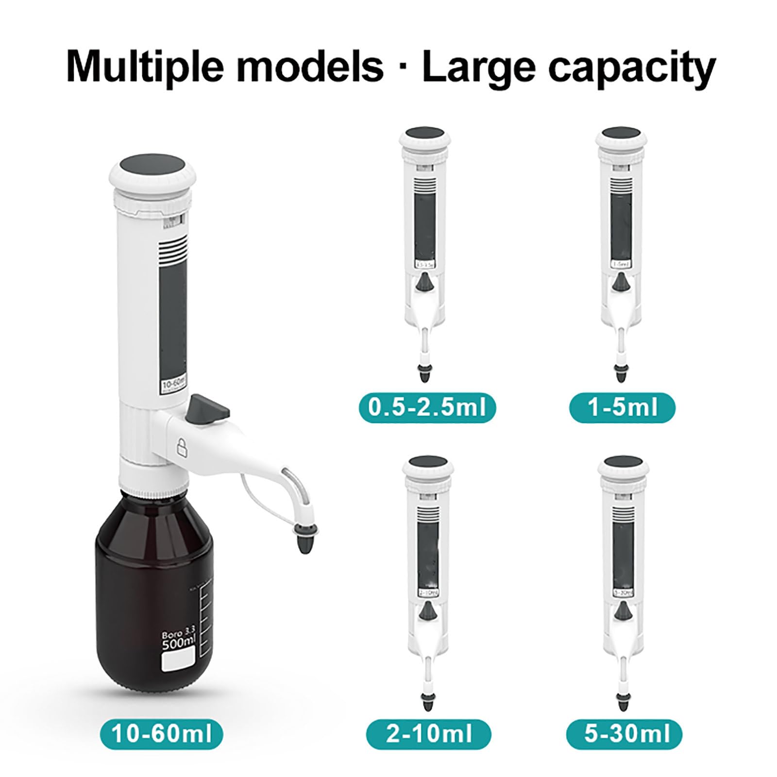 Dosatore per Bottiglie da Laboratorio, Dosatore per Liquidi, Dosatore per Liquidi Regolabile da 0,5 A 60 ml, con Doppia Valvola, Display di Misurazione, Attrezzatura da Laboratorio,2-10ml