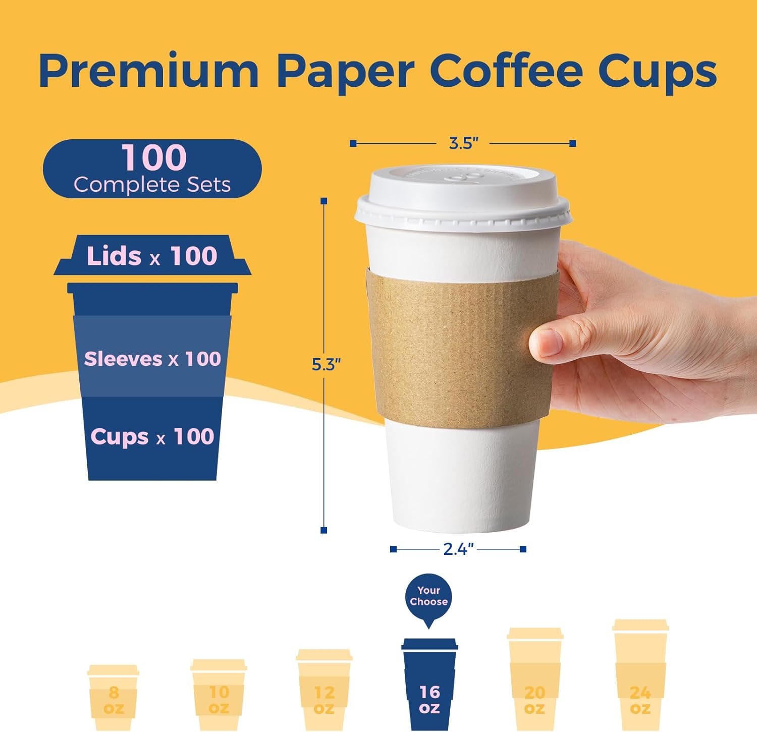 Fit Meal Prep 100 Pack 16 oz Disposable Coffee Cups with Lids, Sleeves, Leak-Proof To Go Coffee Cups with Lids, Durable Hot Paper Cups for Home, Office, Party, Business - Image 2