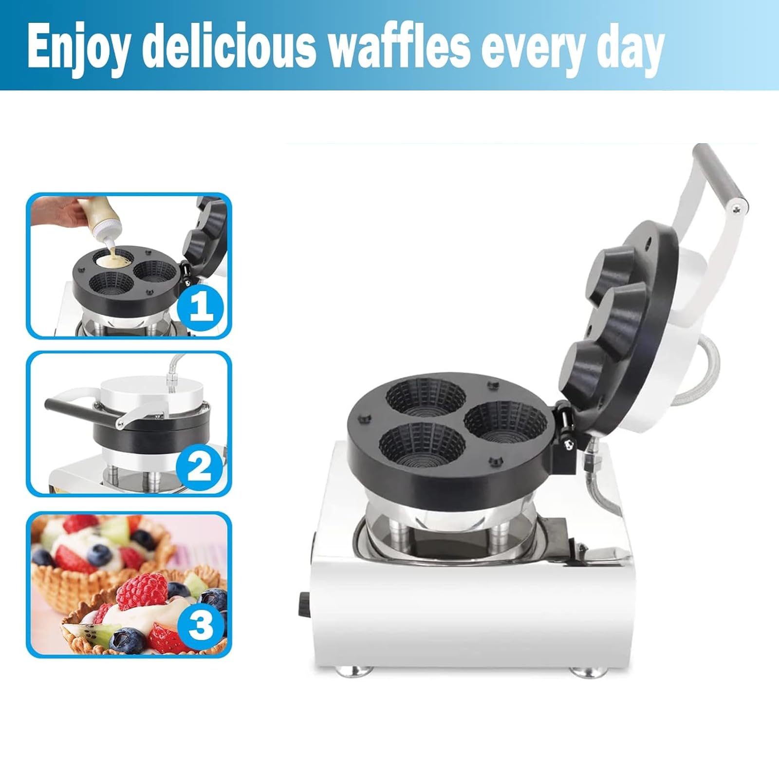 Macchina per coni waffle da 1600 W, professionale, antiaderente, con cestello per waffle e maniglia termoisolante, ideale per gelati, snack e frutta, con 3 piastre.