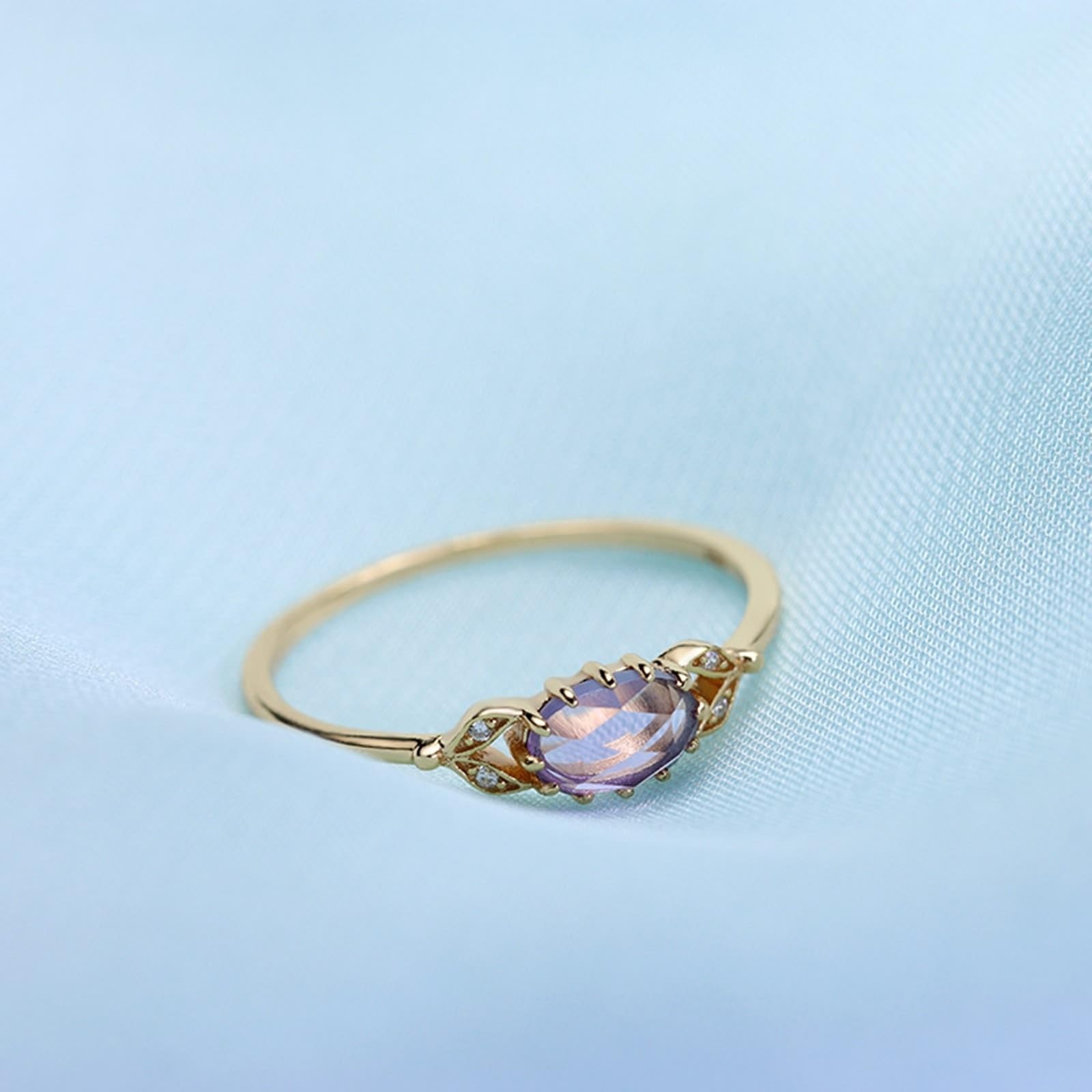 Anillo de boda oro 9 K/14 K/18 K con amatista morado ovalado, hoja vintage