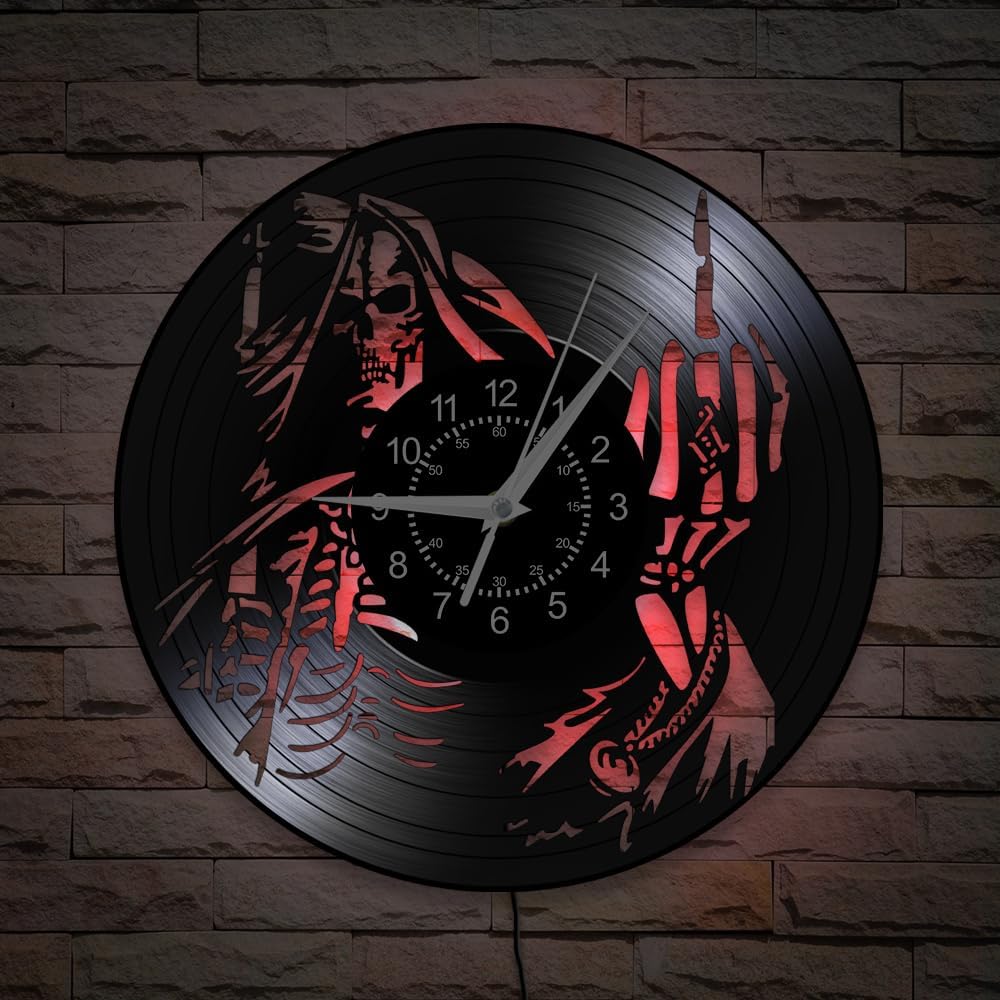 Skull Middle Finger Wall Clock, 7 Kinds of LED Color 12 Inch Skeleton Bone Ghost Clock, Silent Non Ticking Modern Decorative Vinyl Record Wall Clock for Living Room Bedroom Gothic Decor