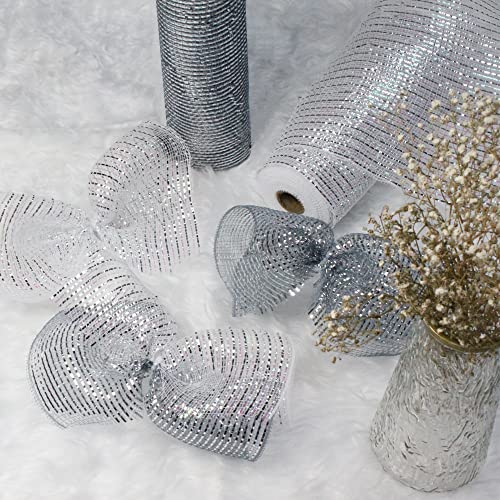 Dimuge Christmas Deco Mesh 10 Inch X30 Feet, More Width Metallic Foil Mesh Fabric, White/Gray-Blue Ribbon Good For Decoration Wreaths, Wedding, Home, Crafts And Gift Wrapping- 2 Pack #TOP5