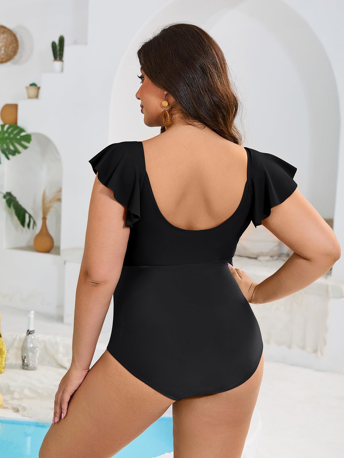 SHEKINI Volants Maillot de Bain Grande Taille Gainant Col en V Maillot de Bain Grande Taille Femme 1 Piece