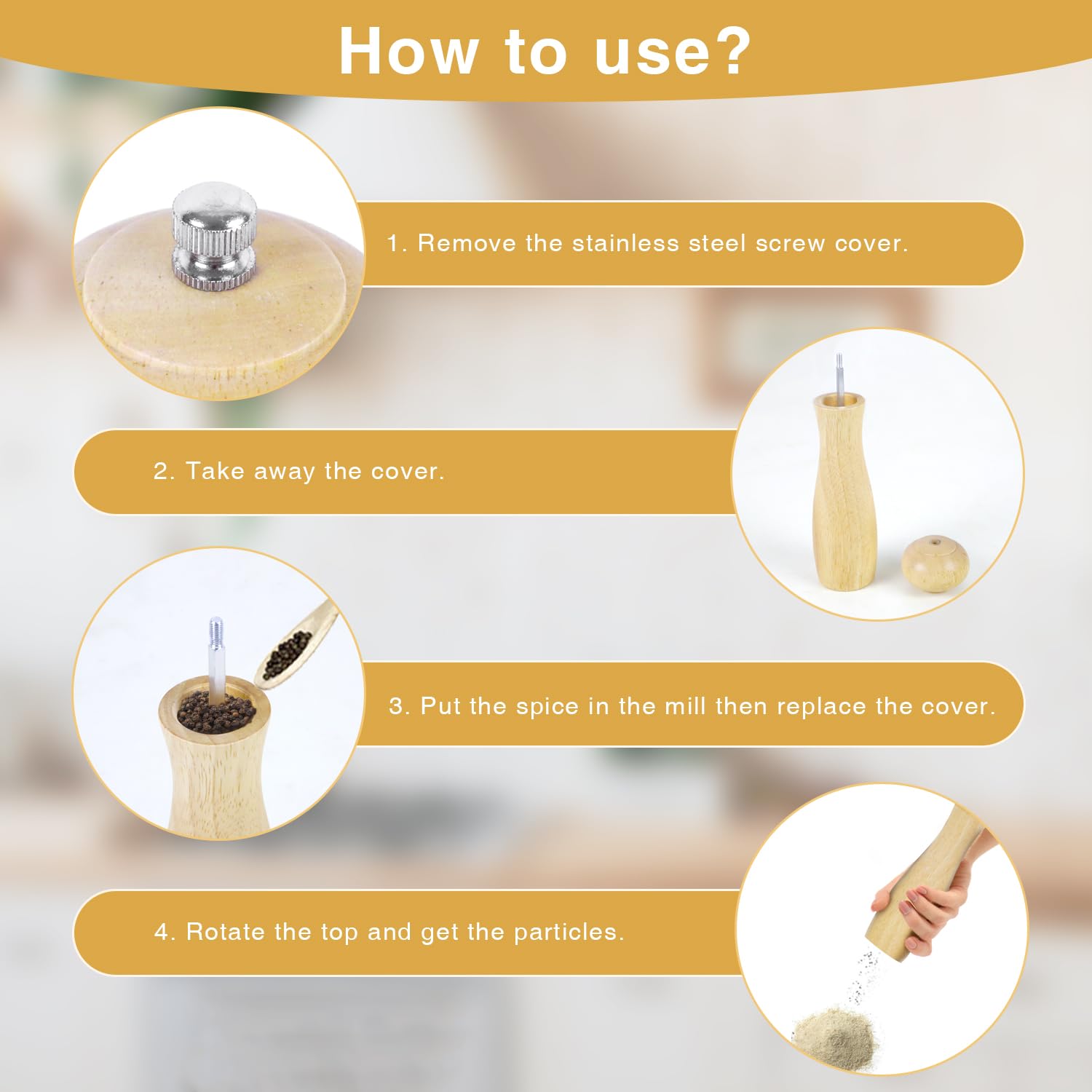 Wellong 2-Pack Wooden Pepper & Salt Grinders - 8.5 Inch Adjustable Coarseness, Oak Wood