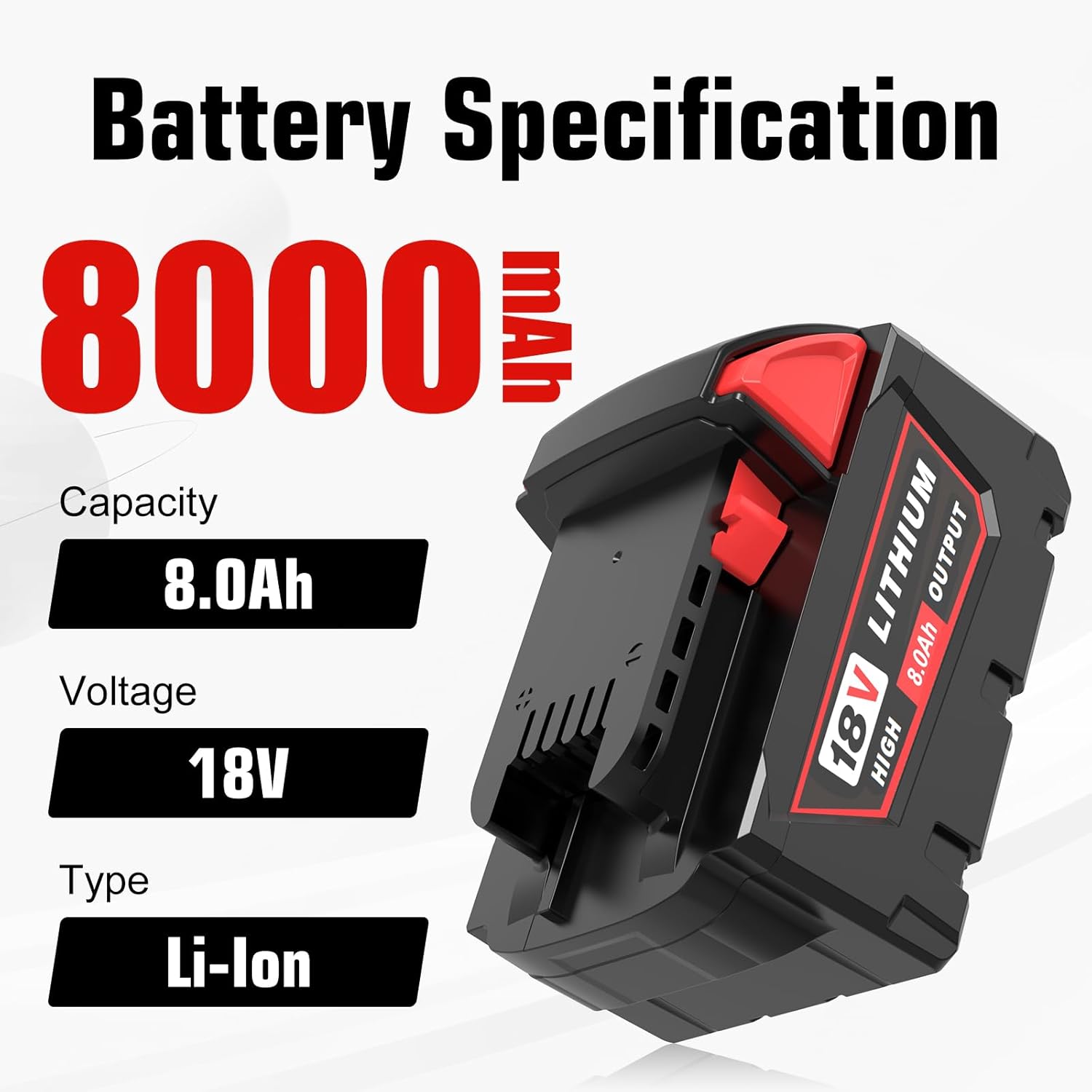4 Pack 8.0Ah Extended Runtime Lithium-Ion Battery Replacement for Milwaukee 18V Battery 48-11-1862 48-11-1852 48-11-1880 48-11-1882 Compatible with Milwaukee 18 Volt Batteries Cordless Tools(Red）