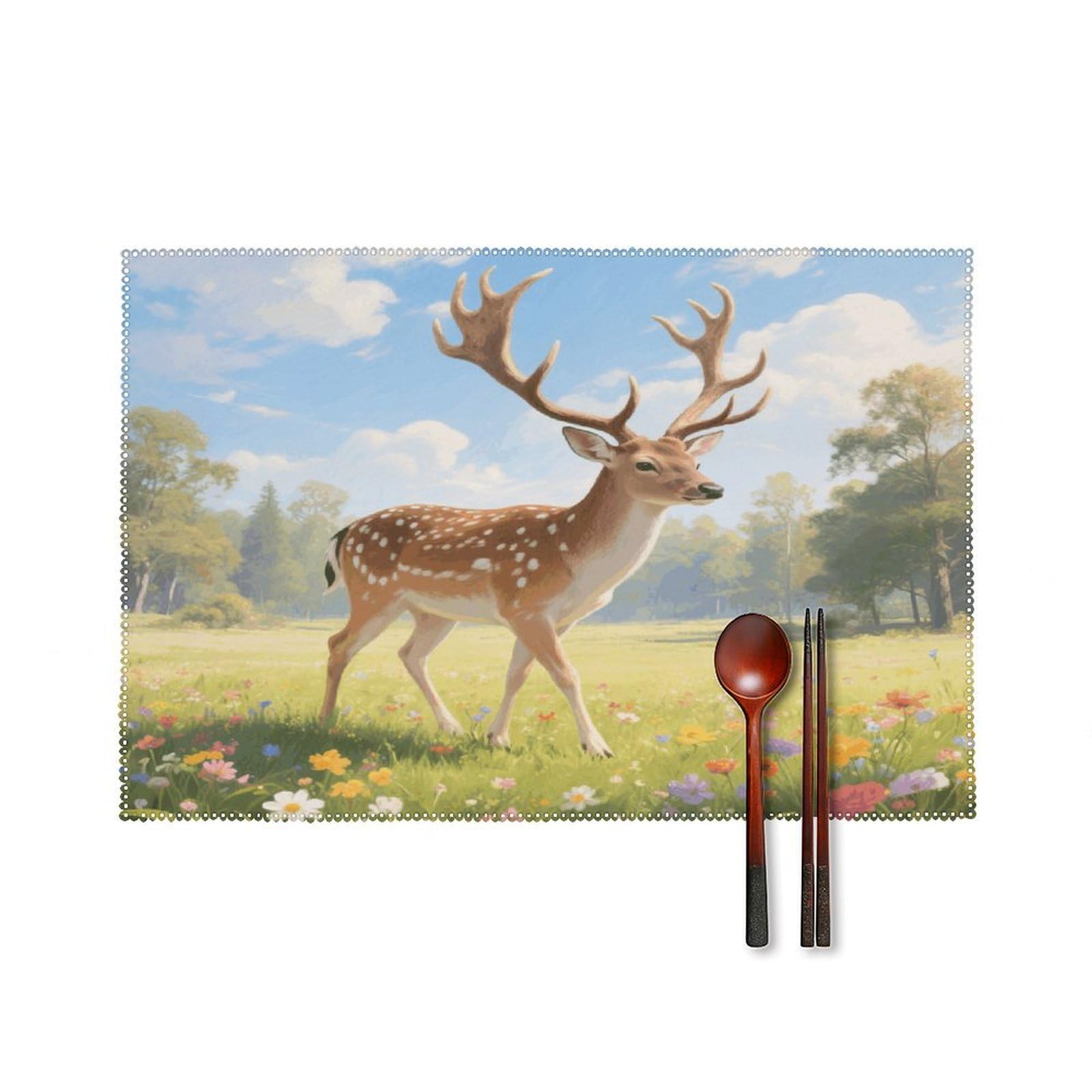 Aesthetic Deer Placemats Set of 4 Heat Resistant Non-Slip Place Mats for Dining Table Washable Placemat Wipeable Dining Table Mat Canvas Place Mats Dining Table Decor