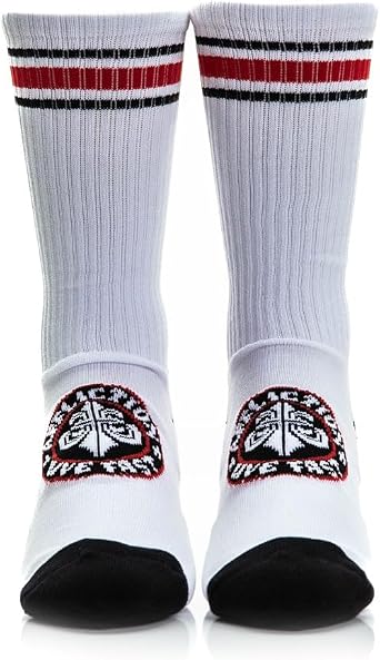 Affliction Divio Sport Crew Socks, White with Red and Black Stripes, Cotton Blend, Athletic Style, 2 Pack
