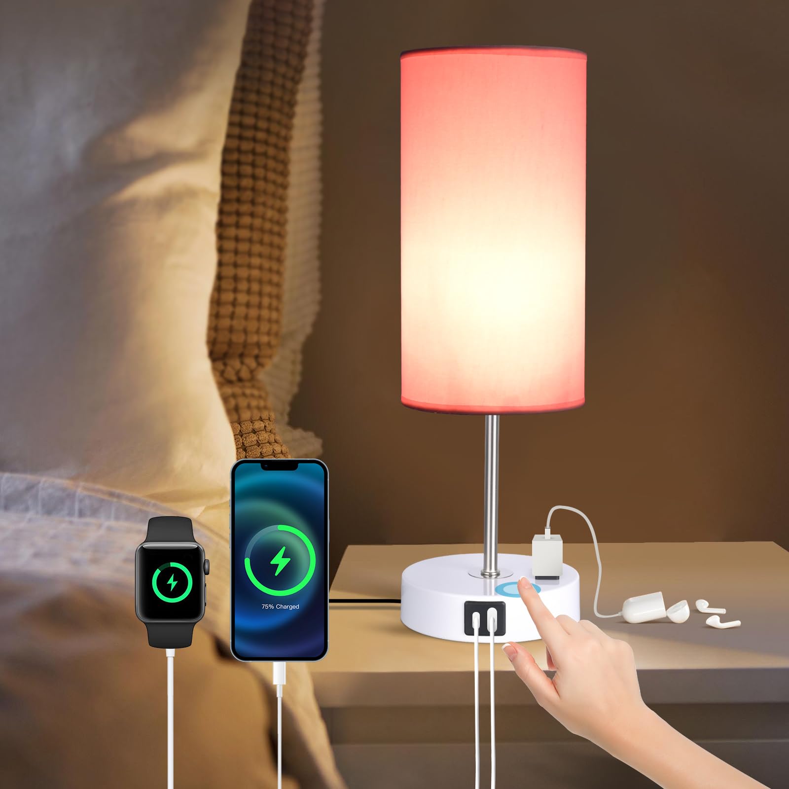Tischlampe mit USB-Anschluss, Schreibtischlampe, Touch-Lampe, Nachttischlampen für Schlafzimmer, 3-Fach Dimmbar Kleine Lampen für Rosa und Weiß